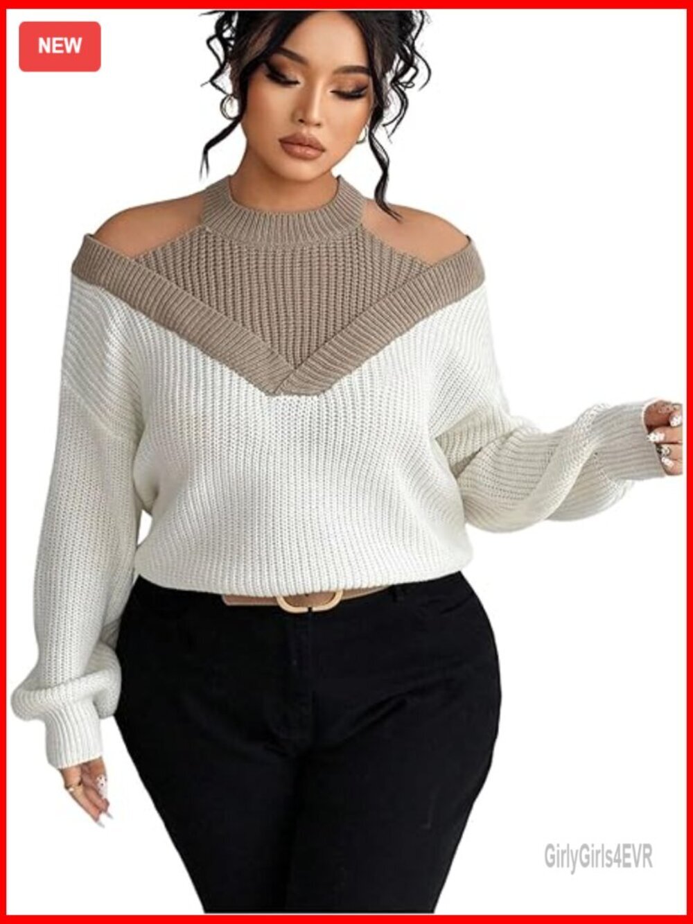 Plus Size Color Block Cold Shoulder Sweater Pullover Long Sleeve Ribbed Knit Top